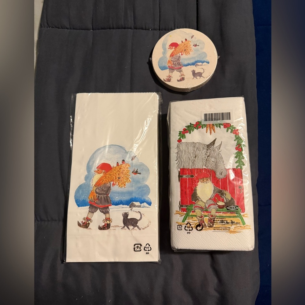 IKEA set of bags, paper coasters, and napkins. Christmas gnomes